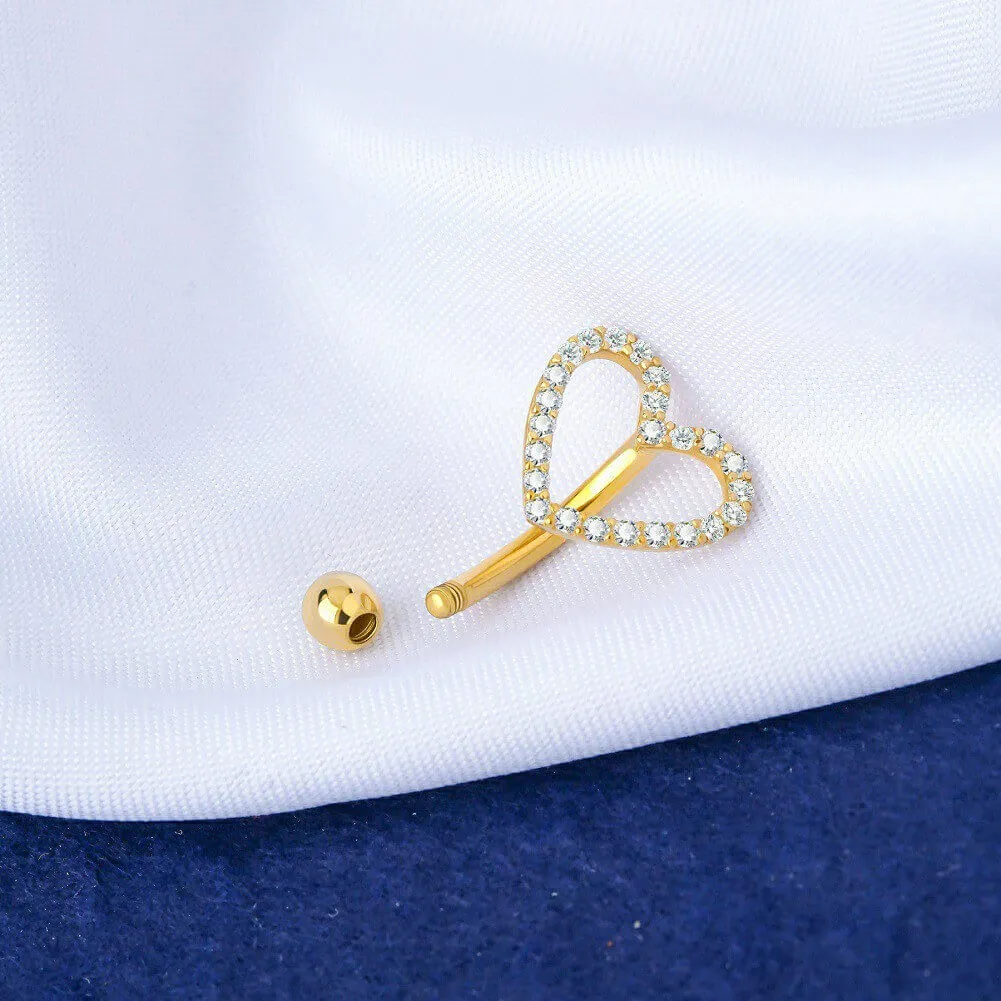 14K Gold Heart Belly Rings 14G Top Mount CZ Belly Button Ring