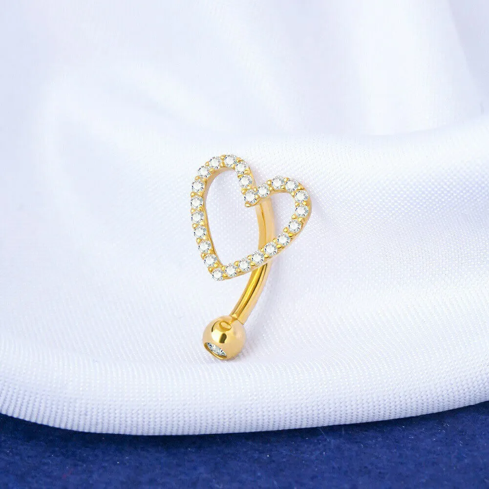 14K Gold Heart Belly Rings 14G Top Mount CZ Belly Button Ring
