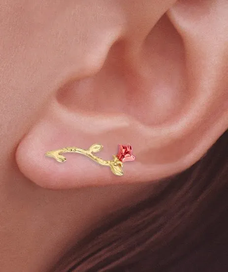 14k Rose and Yellow Gold Long Stem Rose Ear Pin Earrings