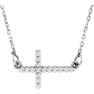 14K White 12.05x19.5 mm Sideways Beaded Cross 16.5" Necklace