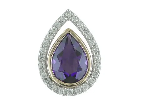 14K White and Rose Gold Amethyst and Diamond Pear-Shaped Pendant