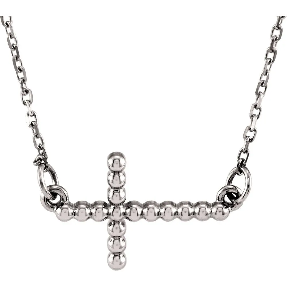 14k White Gold 12.05x19.5mm Sideways Beaded Cross 16.5" Necklace