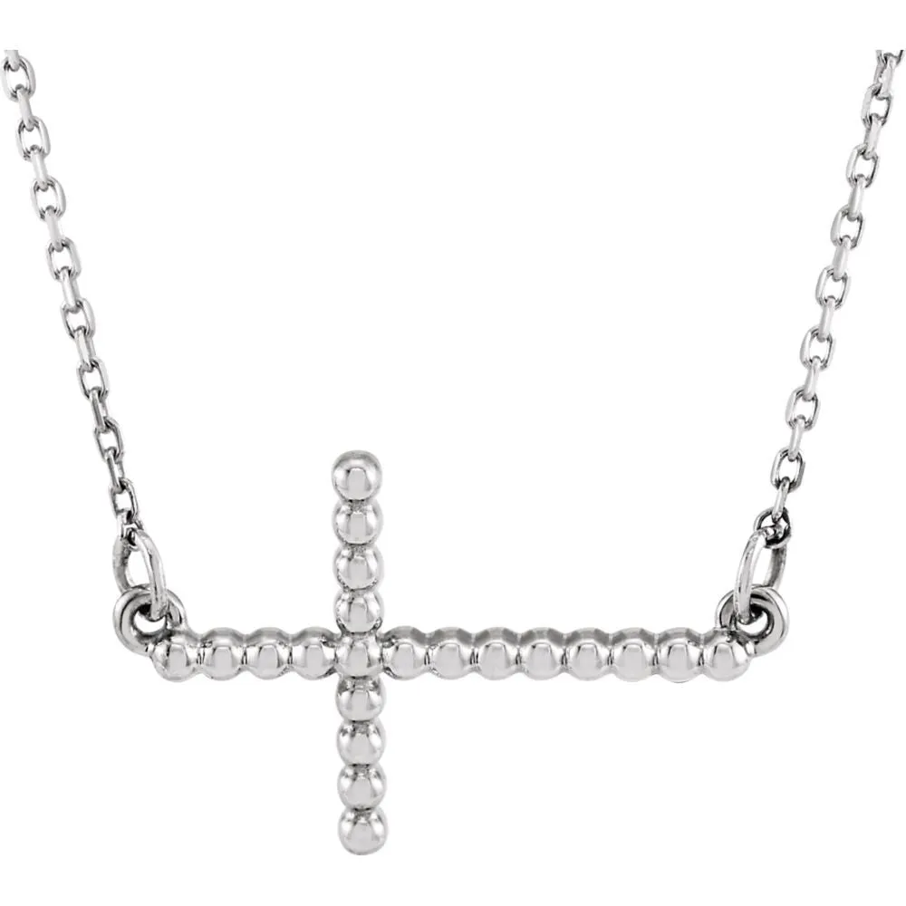 14k White Gold 12.05x19.5mm Sideways Beaded Cross 16.5" Necklace
