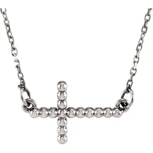 14k White Gold 12.05x19.5mm Sideways Beaded Cross 16.5" Necklace