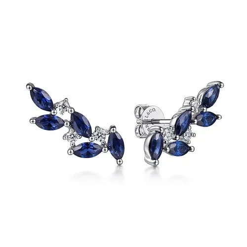 14K White Gold Diamond and Blue Sapphire Olive Branch Climber Earrings