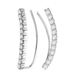 14K White Gold Round Diamond Curved Bowed Climber Earrings 1.00 Cttw