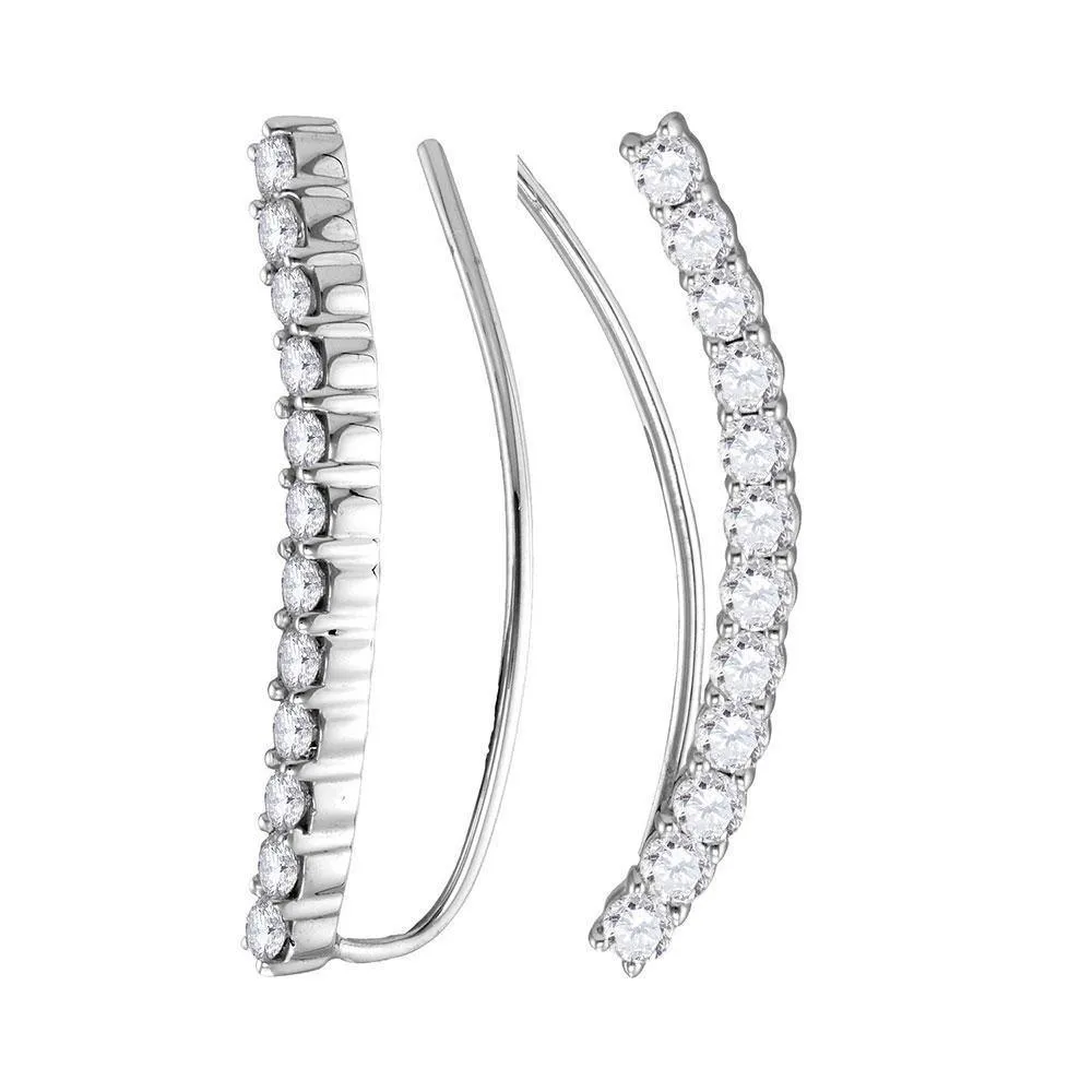 14K White Gold Round Diamond Curved Bowed Climber Earrings 1.00 Cttw