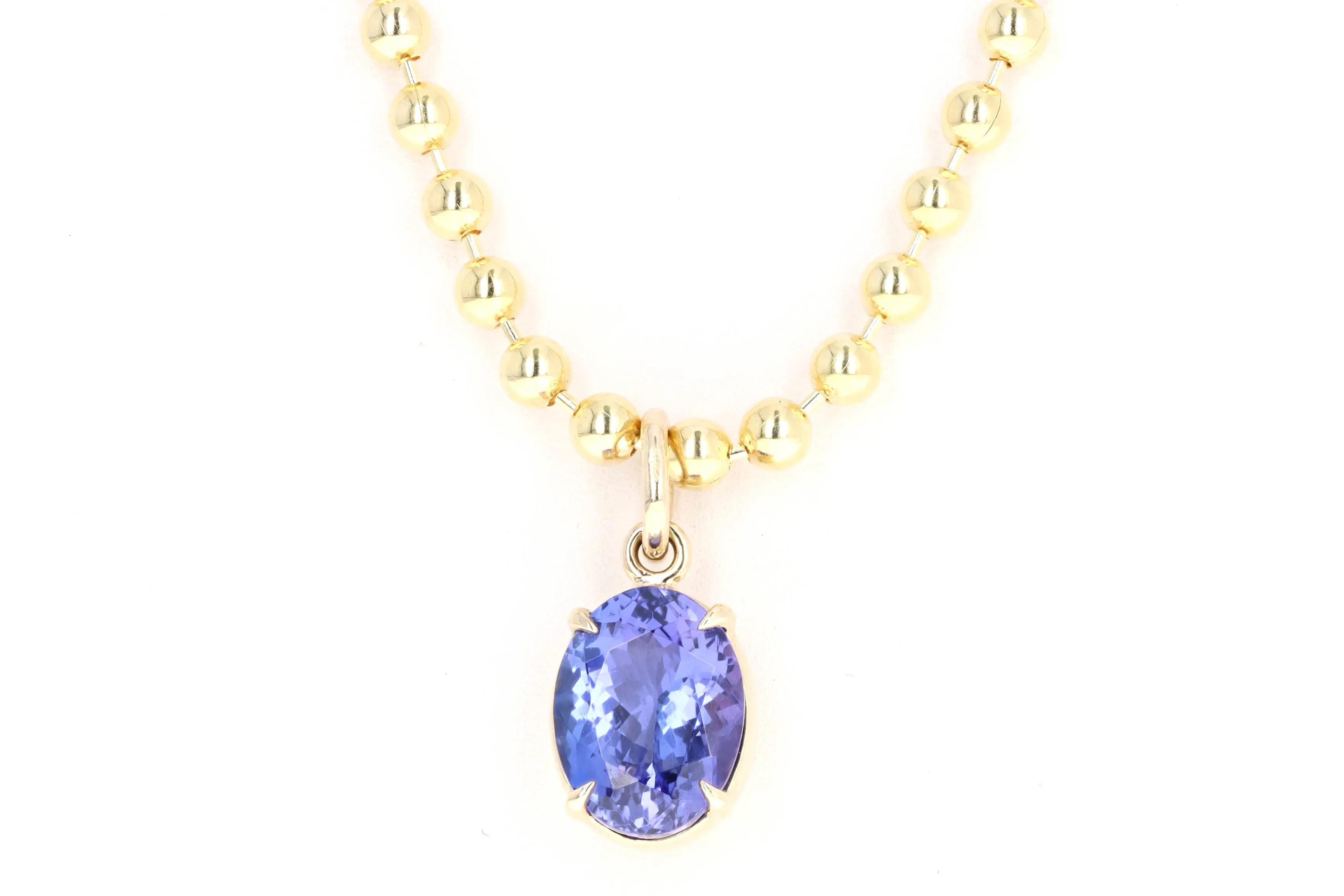 14K Yellow Gold 5.01 Carat Oval Tanzanite Beaded Ball Chain Pendant Necklace