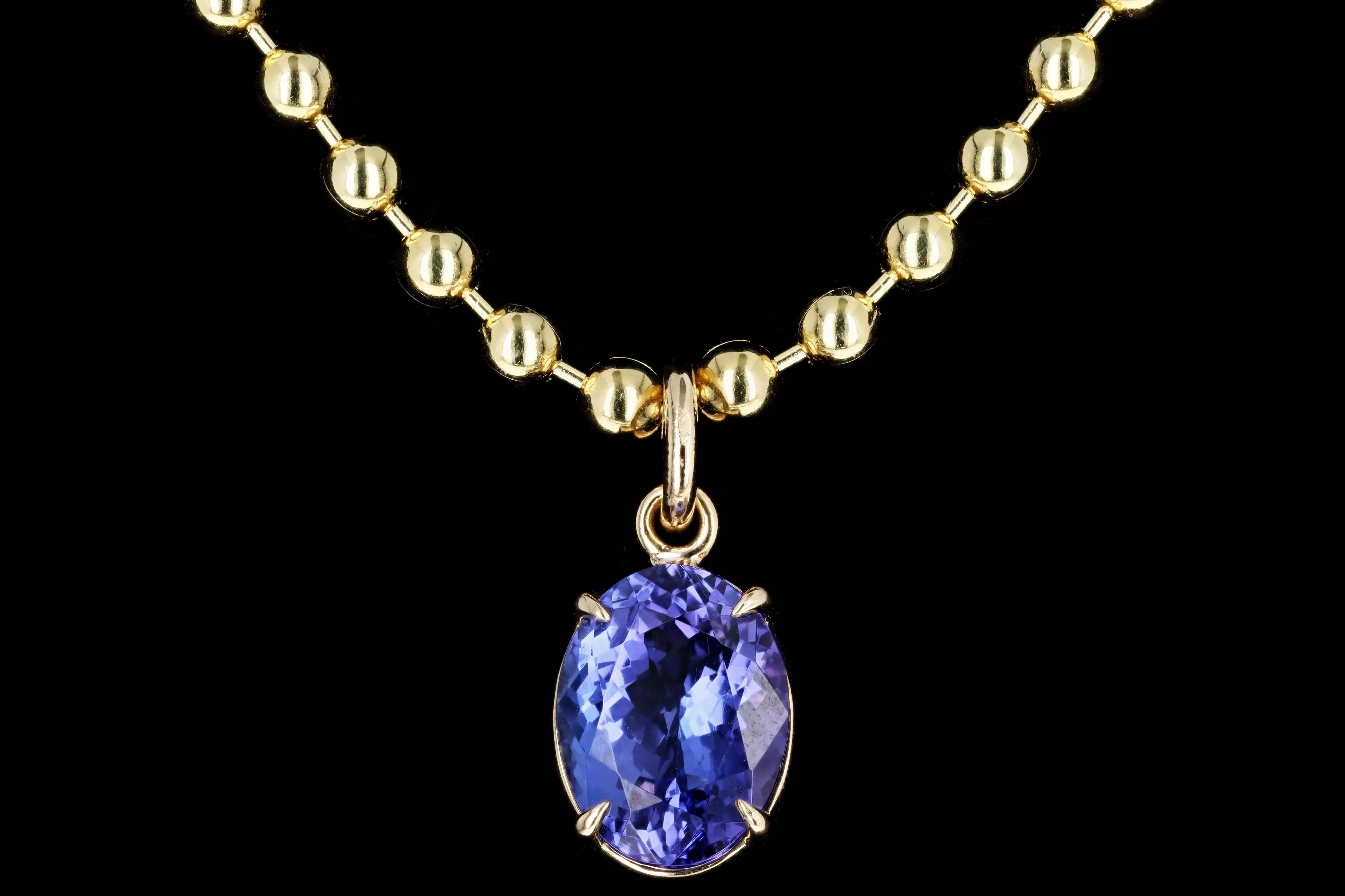 14K Yellow Gold 5.01 Carat Oval Tanzanite Beaded Ball Chain Pendant Necklace