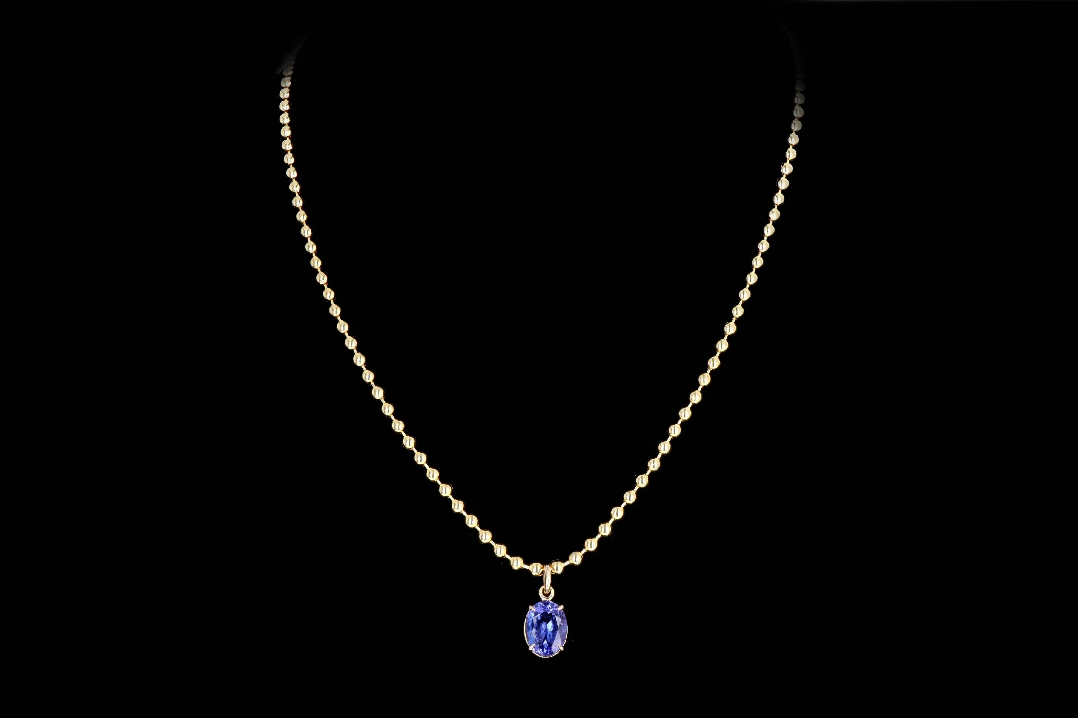 14K Yellow Gold 5.01 Carat Oval Tanzanite Beaded Ball Chain Pendant Necklace
