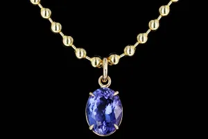 14K Yellow Gold 5.01 Carat Oval Tanzanite Beaded Ball Chain Pendant Necklace