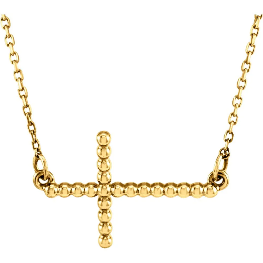 14k Yellow Gold 9.45x15.6mm Sideways Beaded Cross 16.5" Necklace