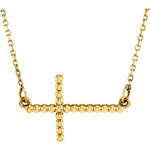 14k Yellow Gold 9.45x15.6mm Sideways Beaded Cross 16.5" Necklace