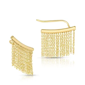 14K Yellow Gold Bar With Tassel Drop Ear Climber Earrings
