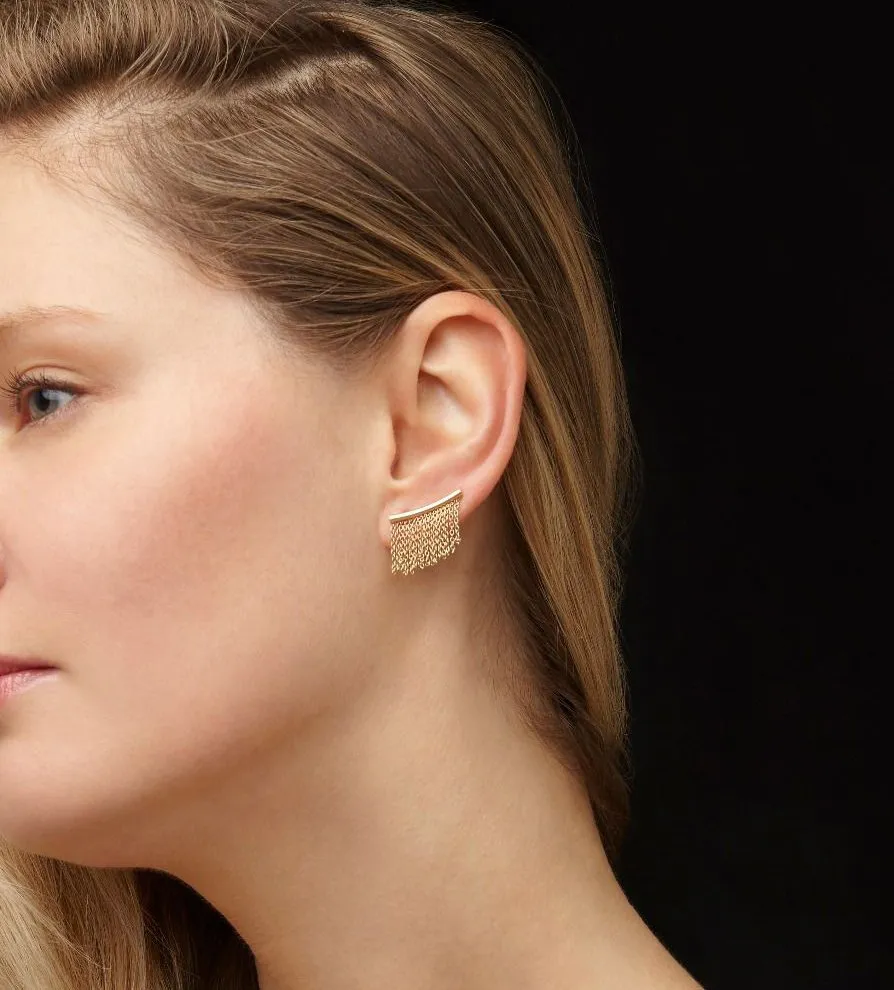 14K Yellow Gold Bar With Tassel Drop Ear Climber Earrings