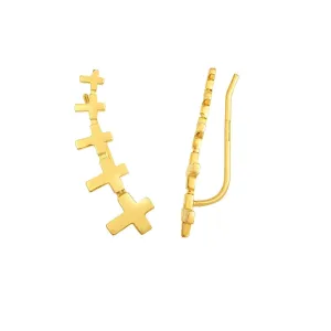 14K Yellow Gold Graduated Crosses Ear Climber Earrings