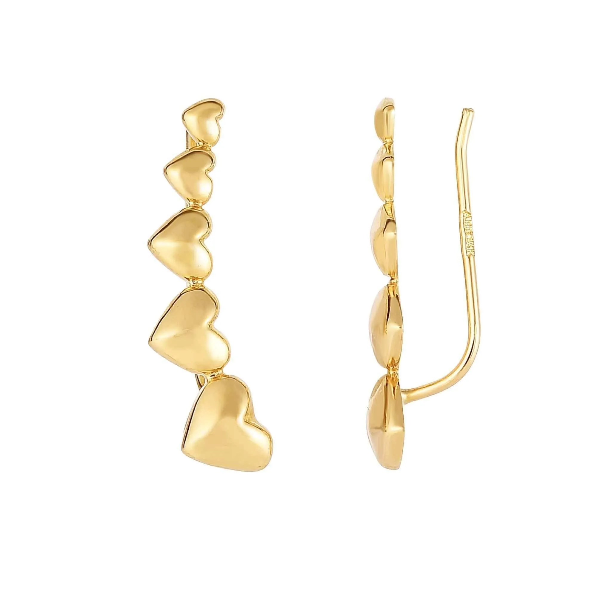 14K Yellow Gold Graduated Heart Ear Climber Earrings
