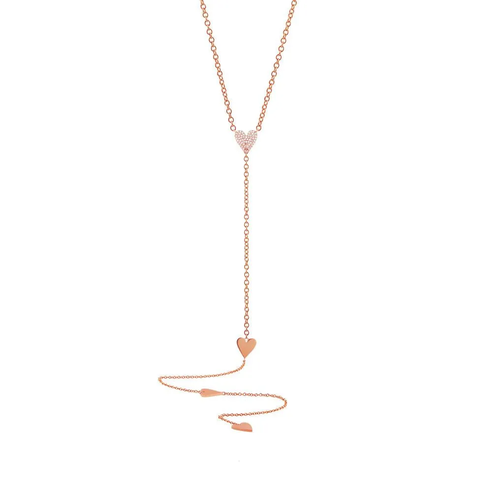 14K Yellow Gold Pave Heart Lariat Necklace