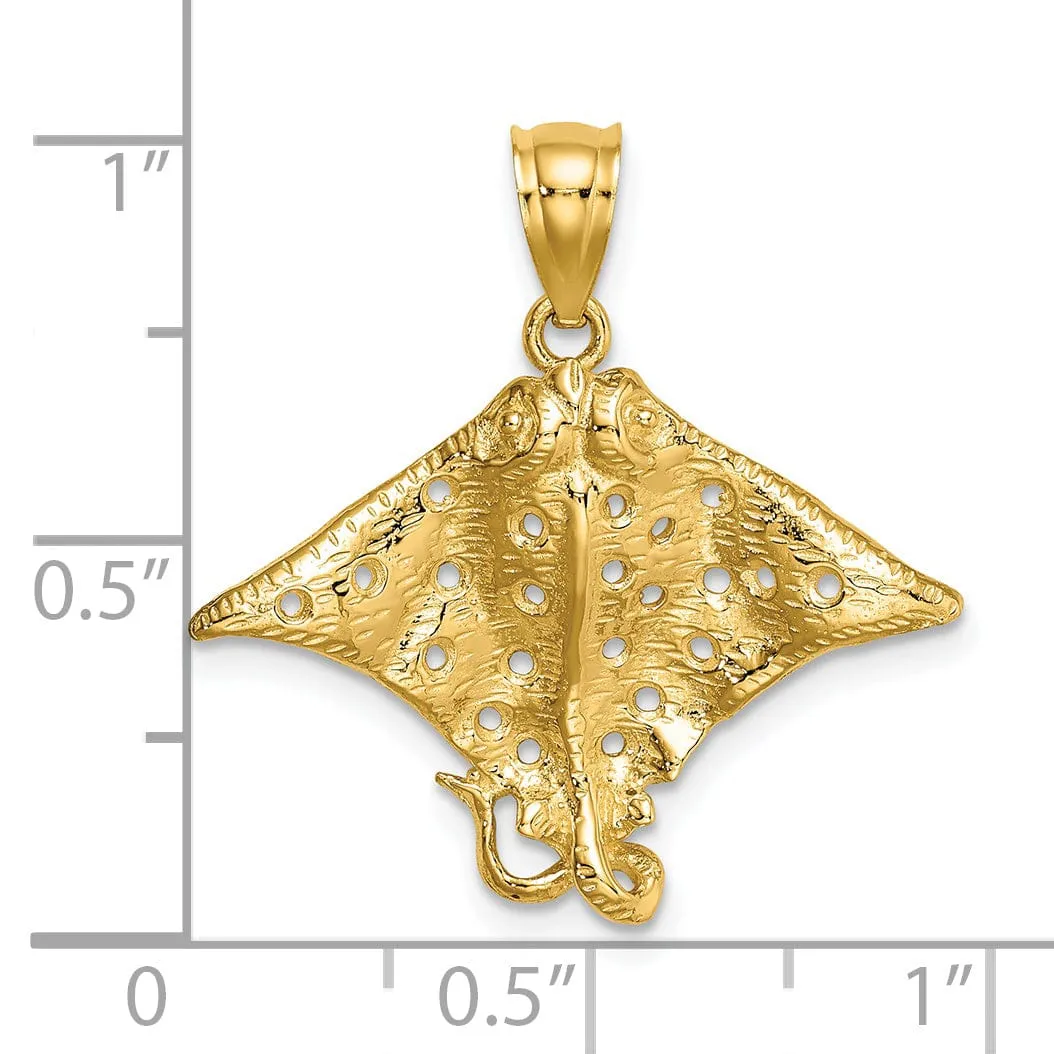 14K Yellow Gold Polished Finish Casted Solid Spotted Eagle Ray with Holes Charm Pendant