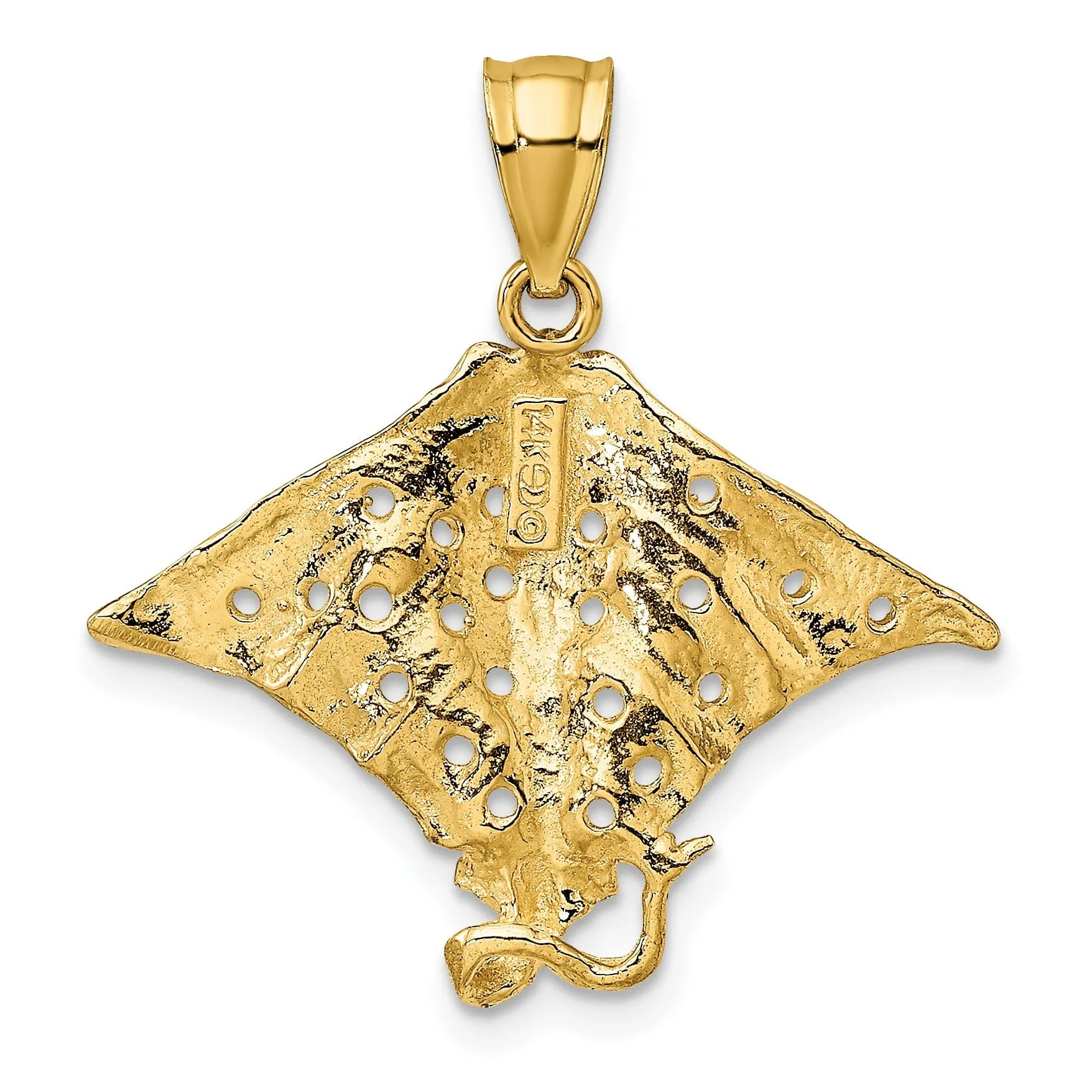 14K Yellow Gold Polished Finish Casted Solid Spotted Eagle Ray with Holes Charm Pendant