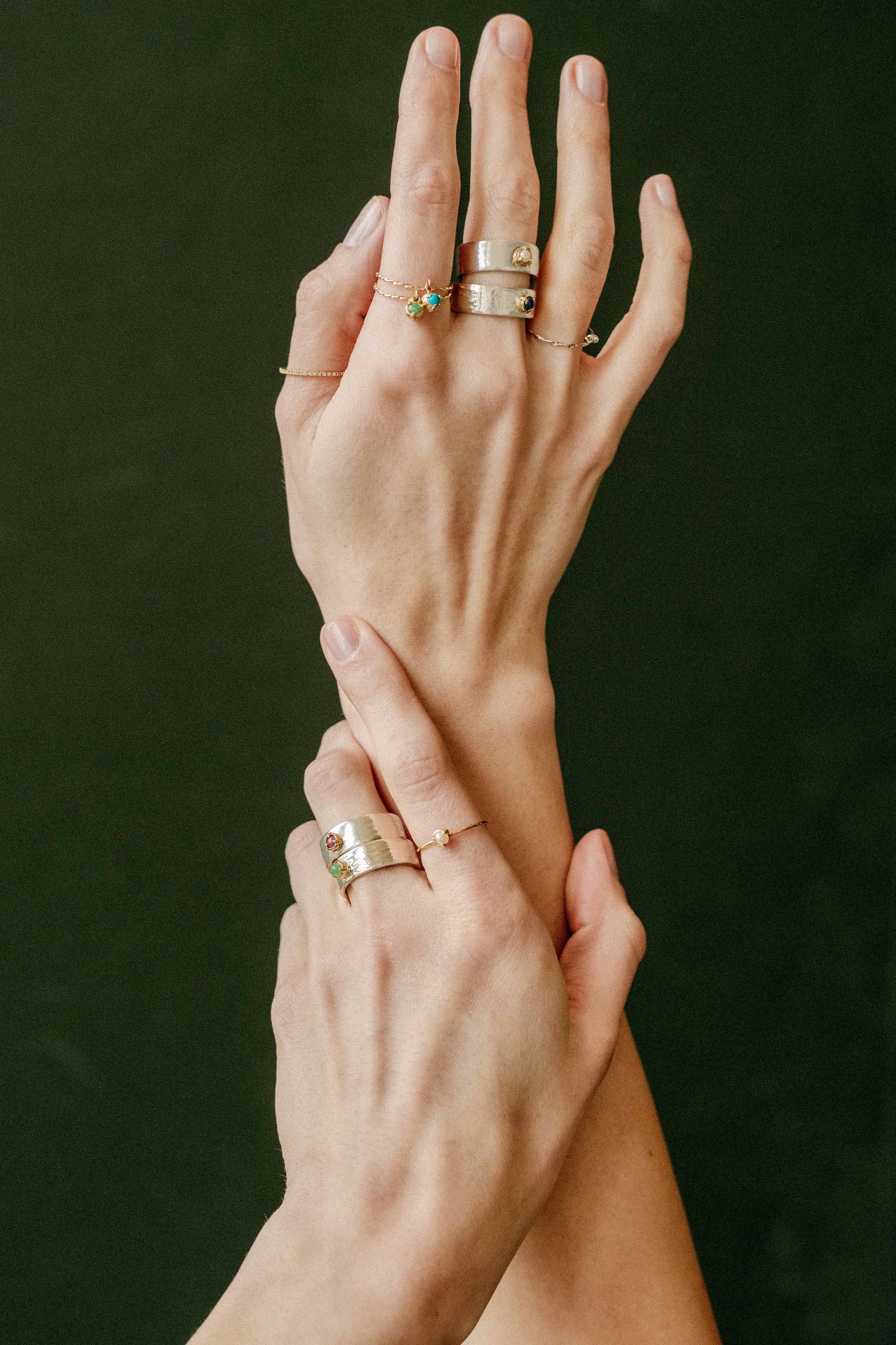 14K Yellow Gold Twisted Double Dangle Stone "Claw" Stack Rings with Ruby or Turquoise
