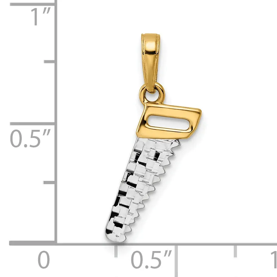 14k Yellow Gold, White Rhodium Diamond Cut Polished Finish Solid Reversible Hand Wood Saw Charm Pendant