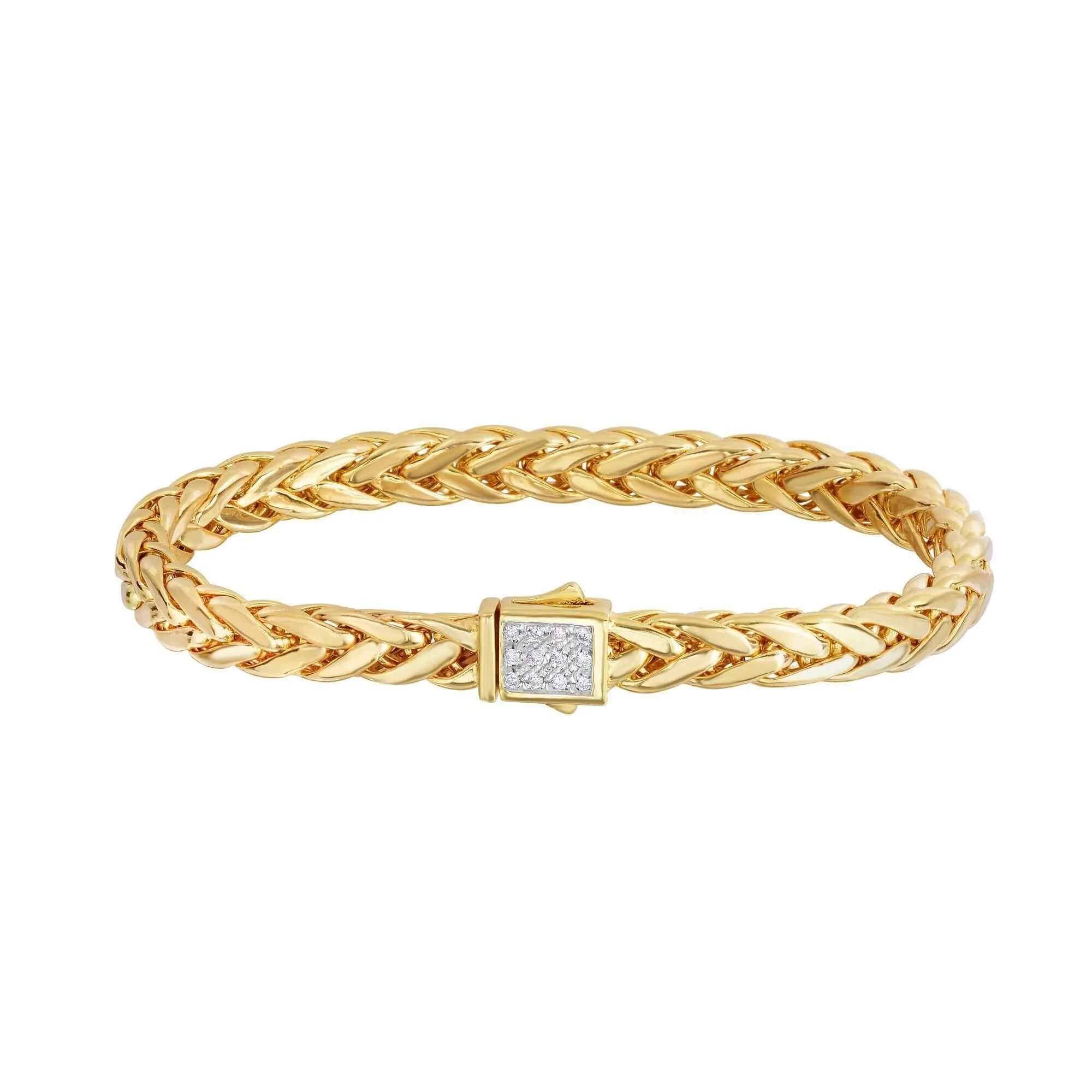 14kt 7.5 inches Yellow Gold Shiny Fancy Flat Weaved Braided Bracelet with Box Clasp 0.12ct. Diamond