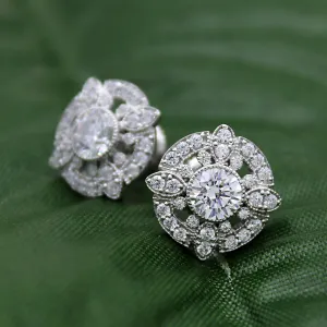 14kt White Gold Art Deco Round Diamond Stud Earrings