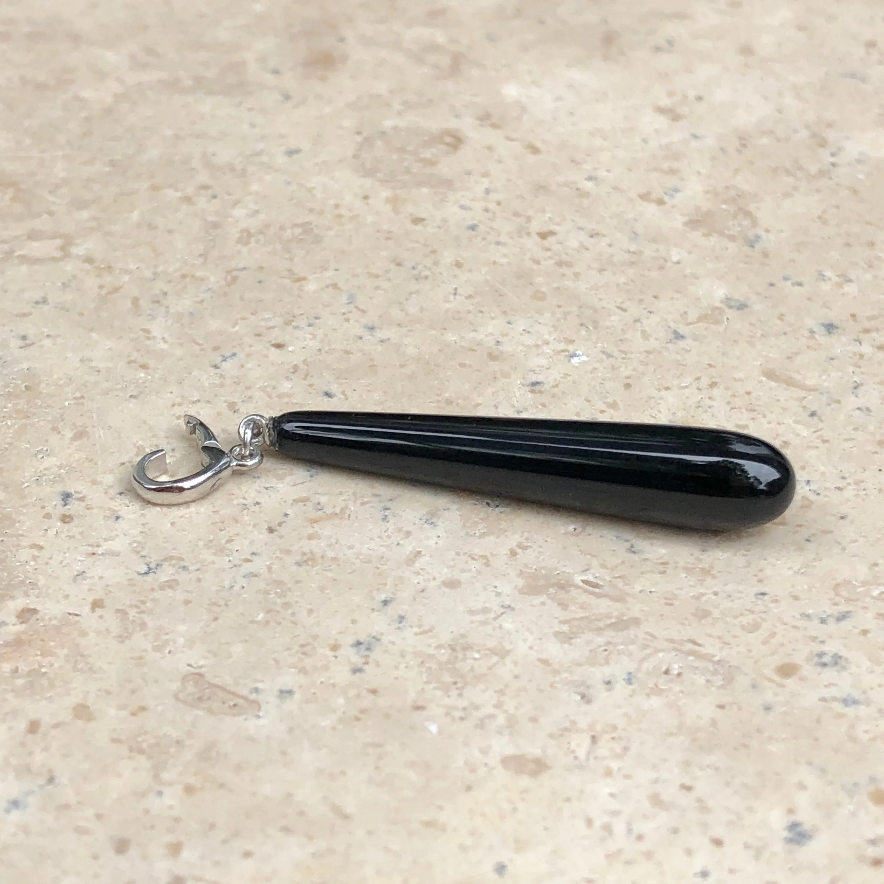 14KT White Gold Black Onyx Teardrop Pendant Long Charm