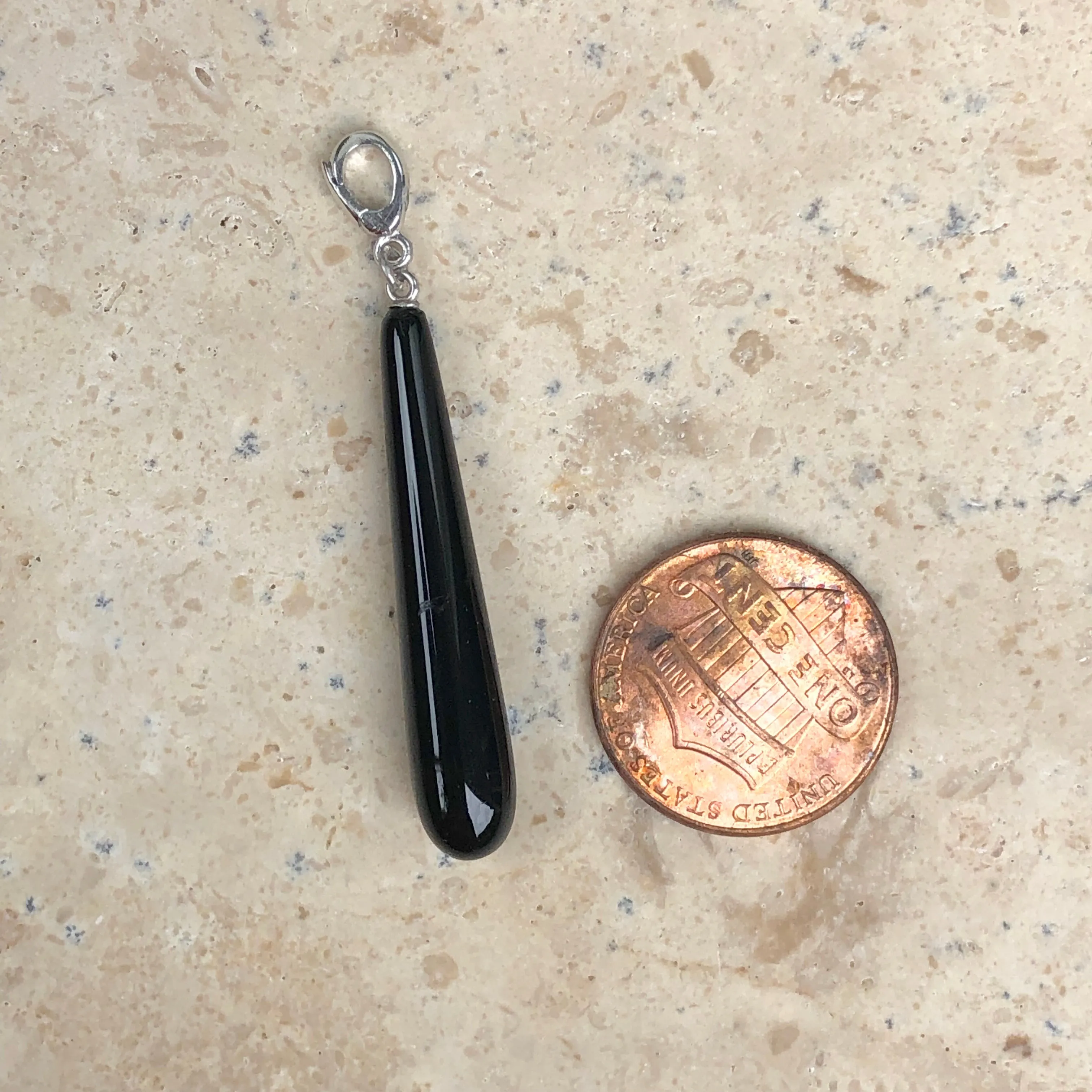 14KT White Gold Black Onyx Teardrop Pendant Long Charm