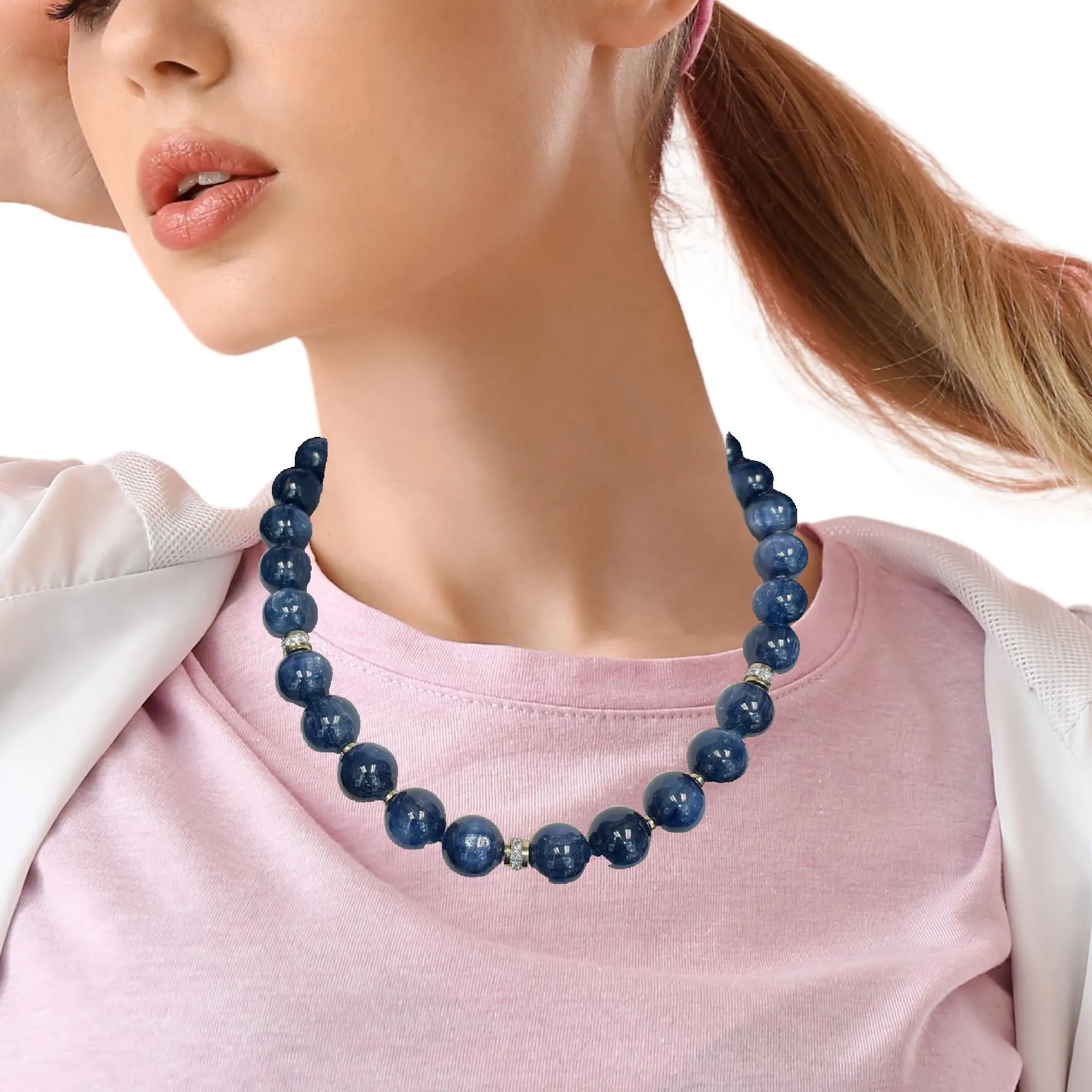 14mm Kyanite Bead and 18k Gold Necklace with Diamond Rondelles, 18 Inches