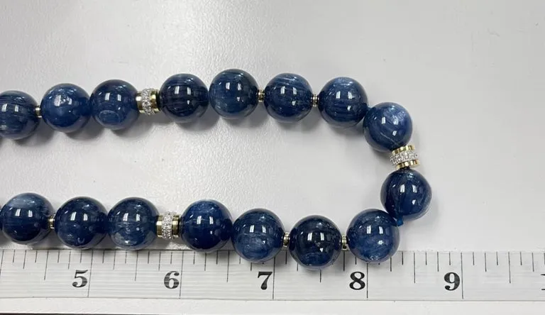 14mm Kyanite Bead and 18k Gold Necklace with Diamond Rondelles, 18 Inches