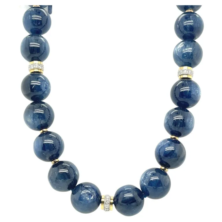 14mm Kyanite Bead and 18k Gold Necklace with Diamond Rondelles, 18 Inches