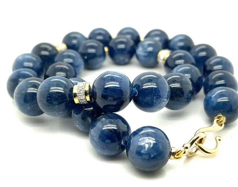 14mm Kyanite Bead and 18k Gold Necklace with Diamond Rondelles, 18 Inches