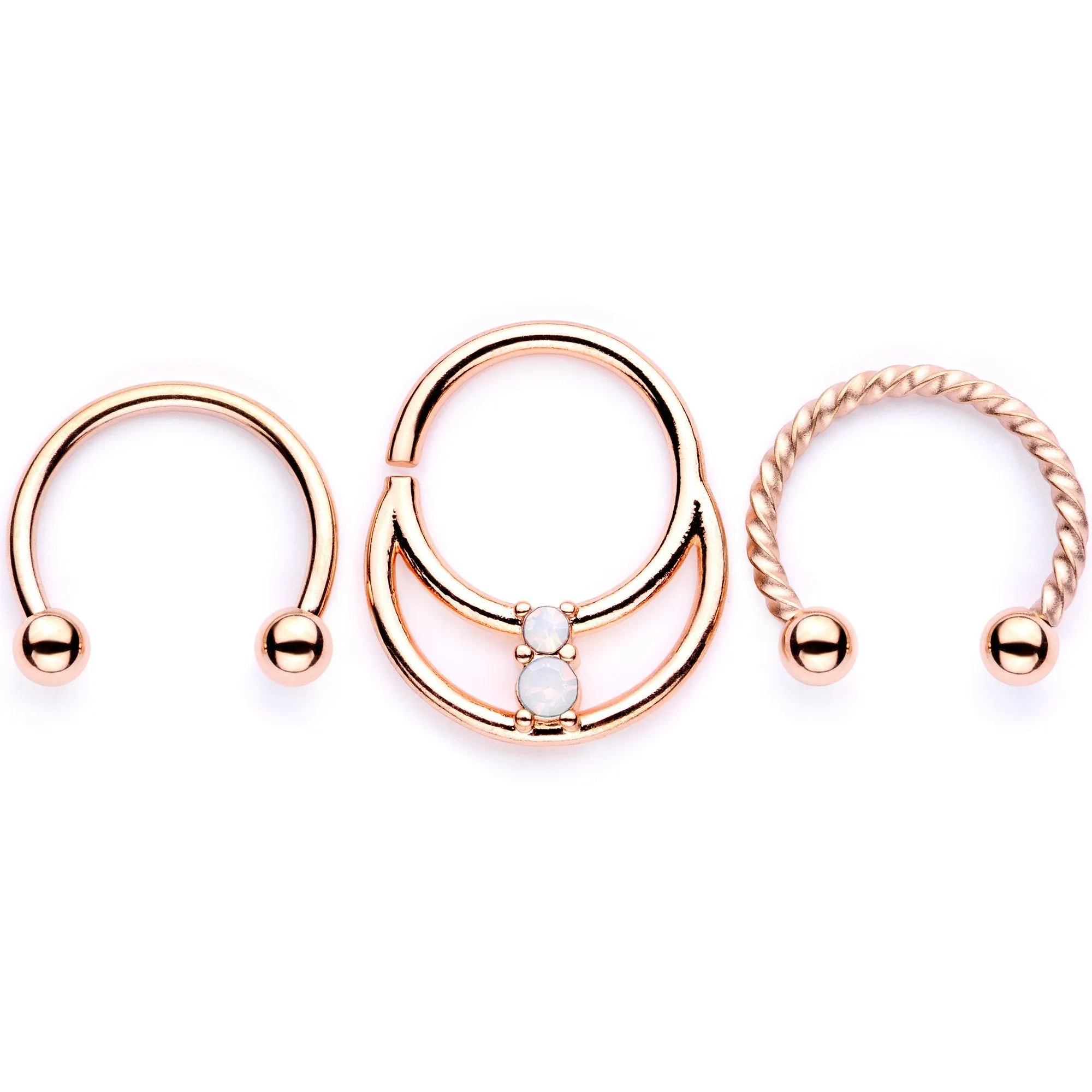 16 Gauge 3/8 White Faux Opal Rose Gold Tone Twisted Horseshoe BCR Captive Ring Set