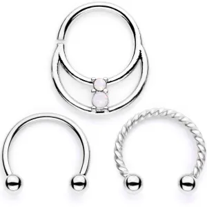 16 Gauge 3/8 White Faux Opal Twisted Horseshoe Closure Ring Set
