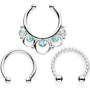16 Gauge Teal Faux Opal Twisted Horseshoe Clip On Fake Septum Ring Set