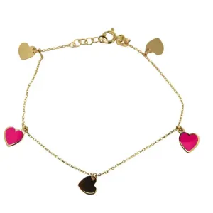 18K Gold Pink enamel and polished Hearts Dangle Bracelet