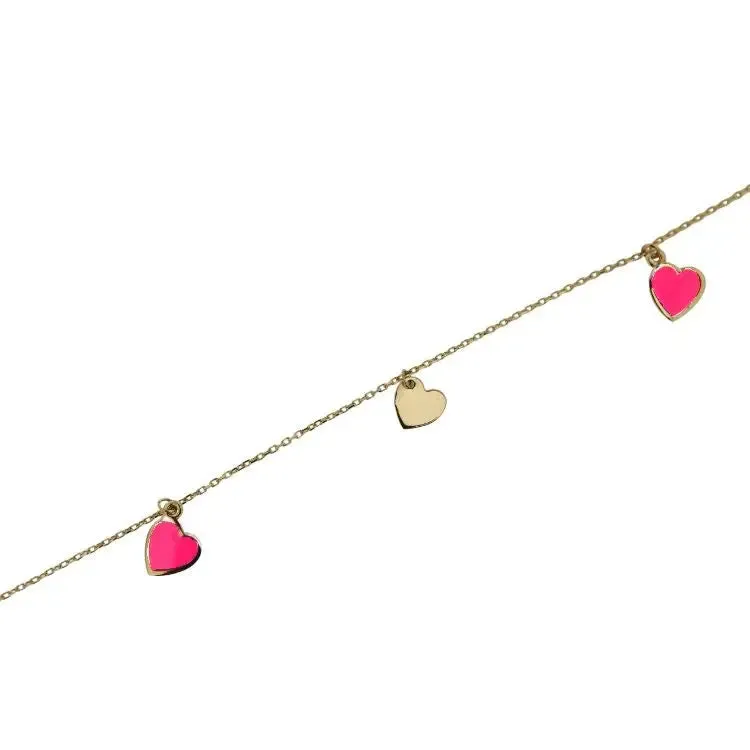 18K Gold Pink enamel and polished Hearts Dangle Bracelet