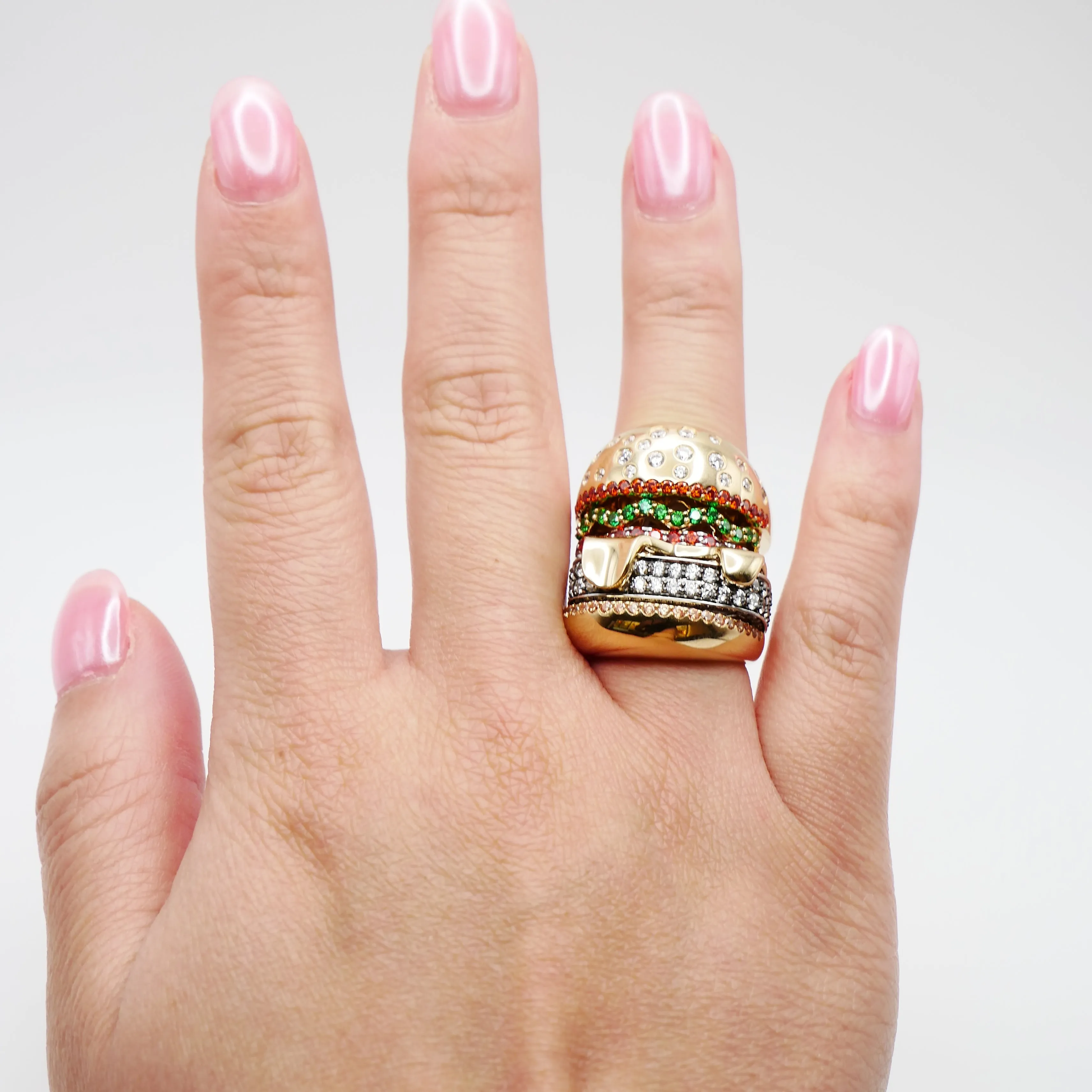 18K Yellow and White Solid Gold Stacked Hamburger Ring