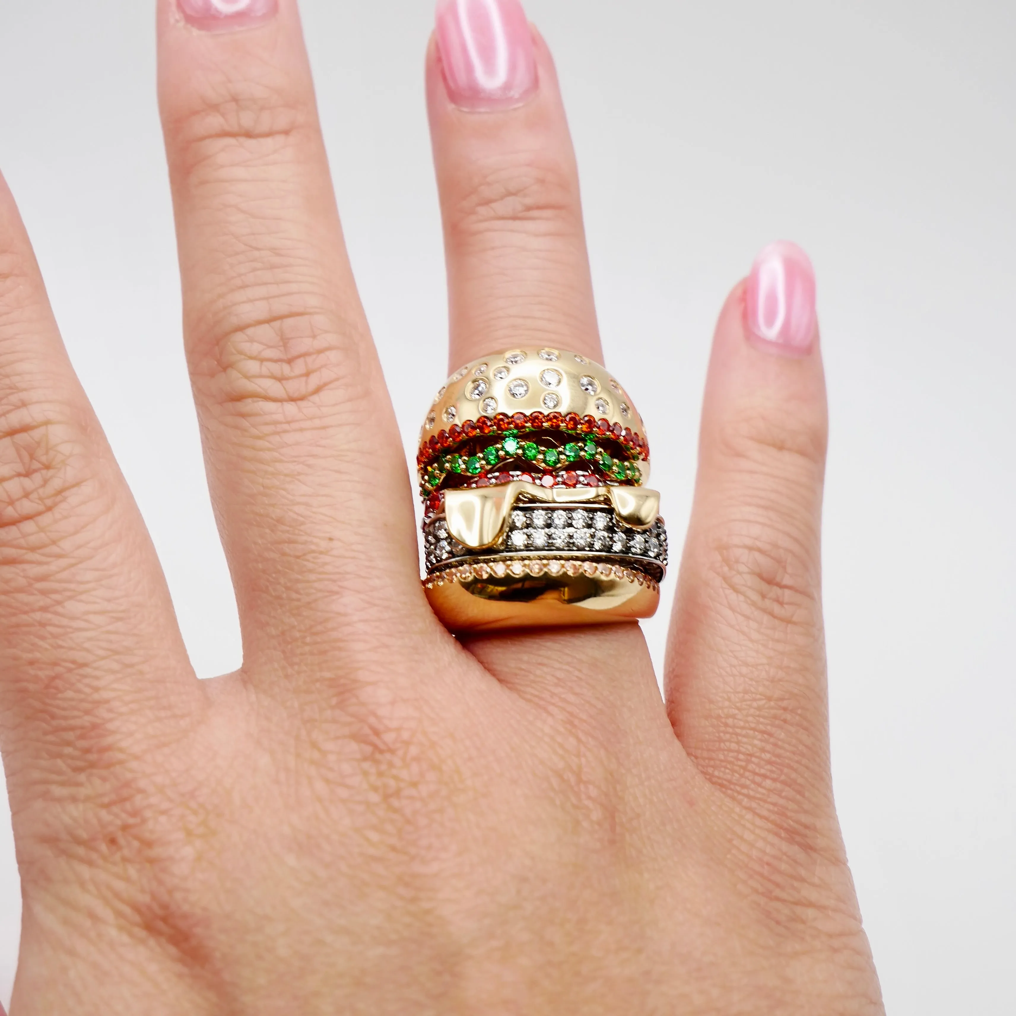 18K Yellow and White Solid Gold Stacked Hamburger Ring
