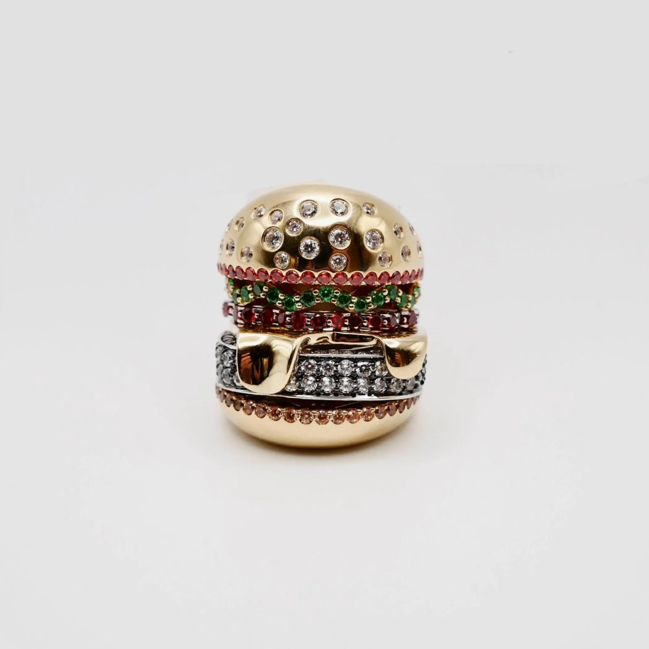 18K Yellow and White Solid Gold Stacked Hamburger Ring