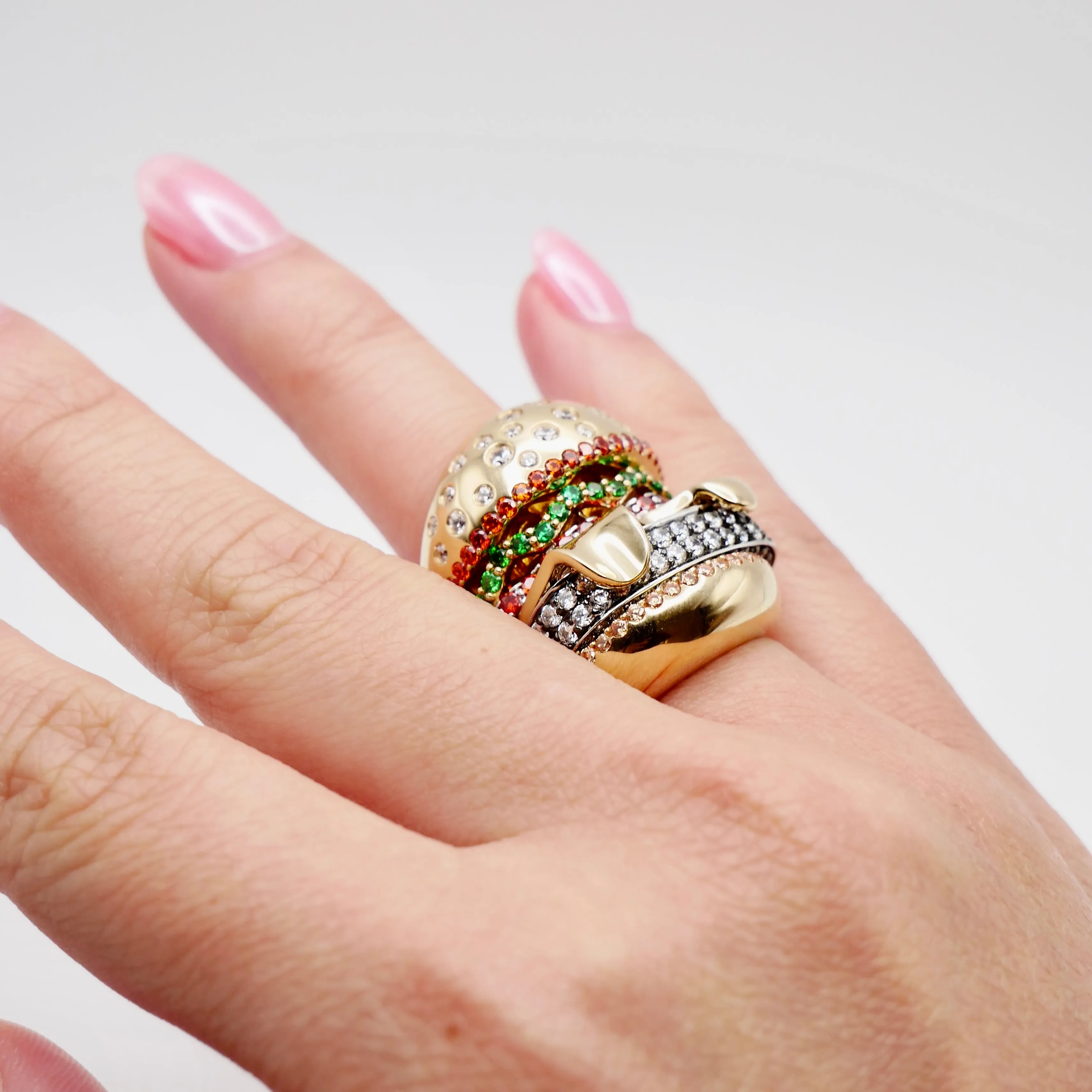 18K Yellow and White Solid Gold Stacked Hamburger Ring