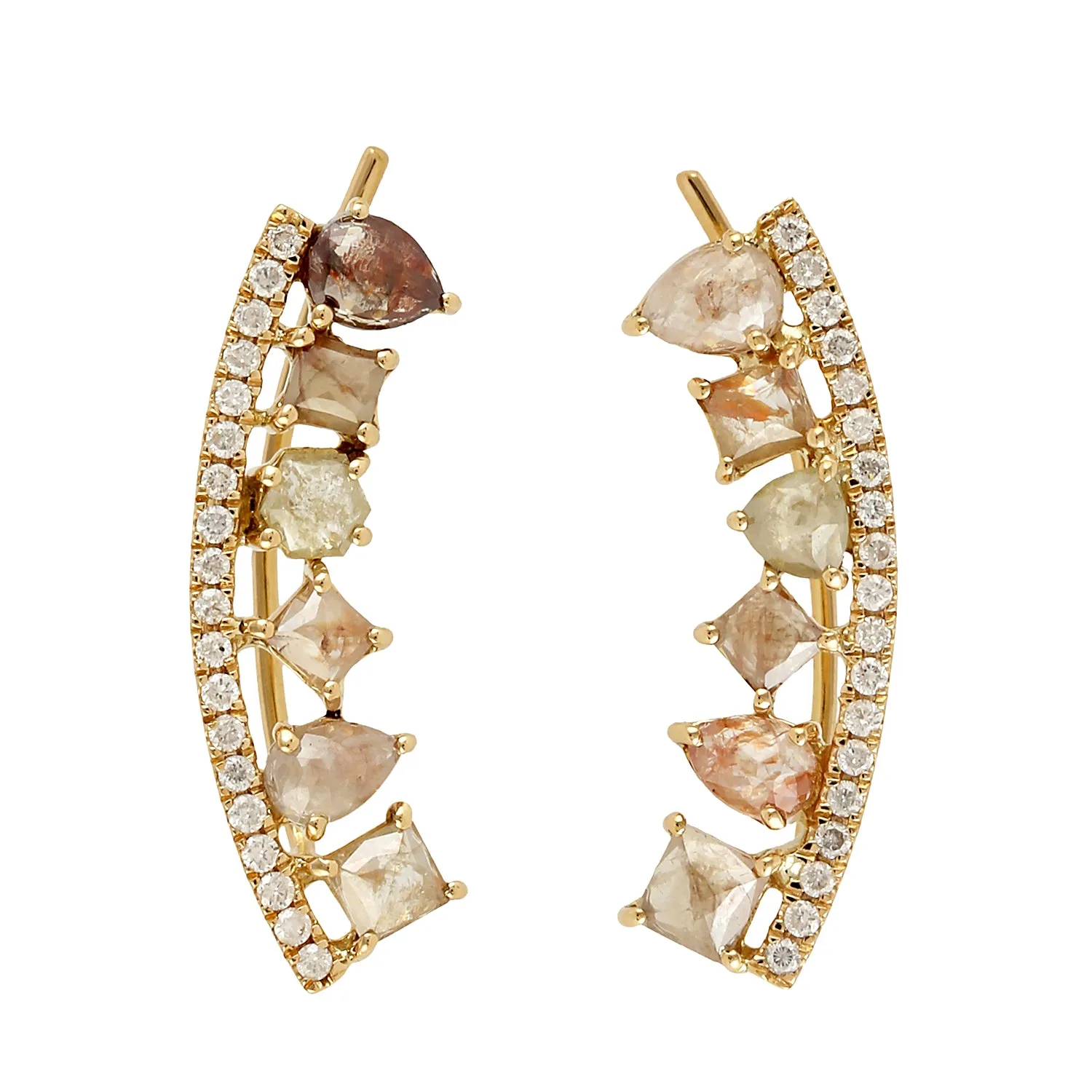 18k Yellow Gold Diamoind ear Climber Stud Earrings Handmade Jewelry
