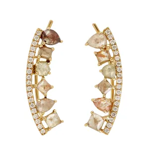 18k Yellow Gold Diamoind ear Climber Stud Earrings Handmade Jewelry
