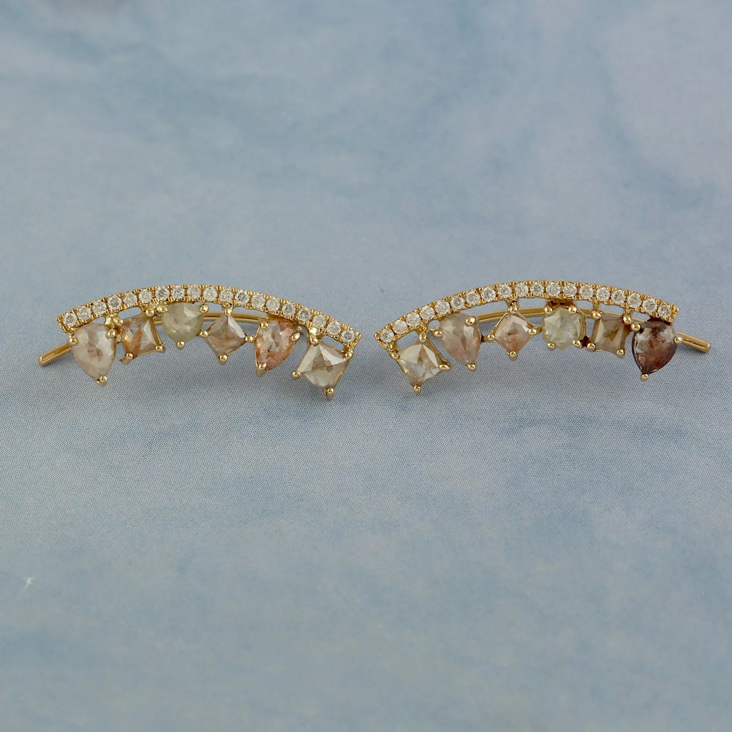18k Yellow Gold Diamoind ear Climber Stud Earrings Handmade Jewelry