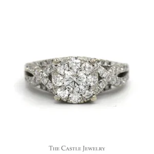 1cttw Round Diamond Cluster Engagement Ring with Diamond Accented Twisted Sides in 14k White Gold