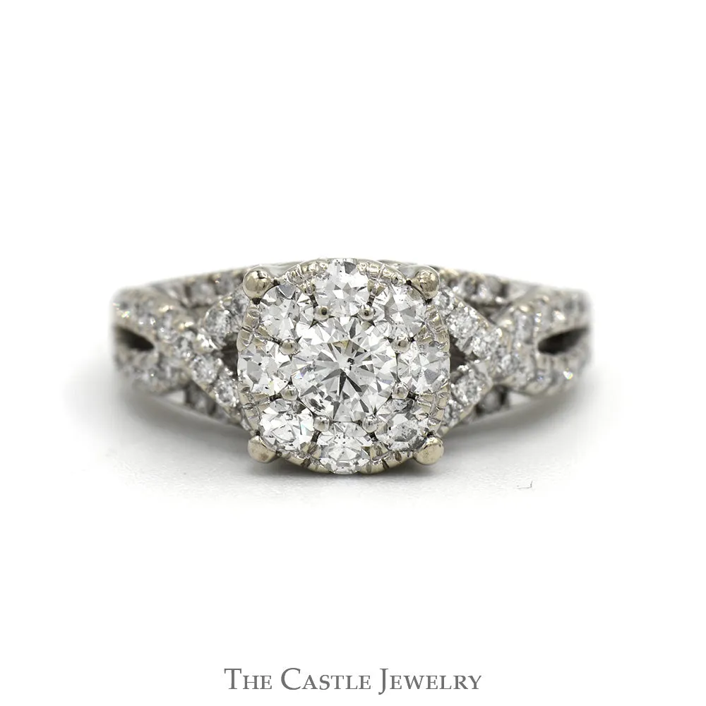 1cttw Round Diamond Cluster Engagement Ring with Diamond Accented Twisted Sides in 14k White Gold