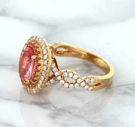 2.07ct. Oval Padparadscha Ring with Sapphire and Diamond Halo in 18K Rose Gold
