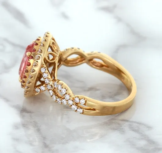 2.07ct. Oval Padparadscha Ring with Sapphire and Diamond Halo in 18K Rose Gold